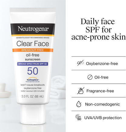 Neutrogena Clear Face Sunscreen Lotion SPF 50 for Acne-Prone Skin Broad Spectrum UVA UVB Protection Oil-Free No-Fragrance No-Oxybenzone Water-Resistant Daily Face Moisturizer, 3 Fl Oz