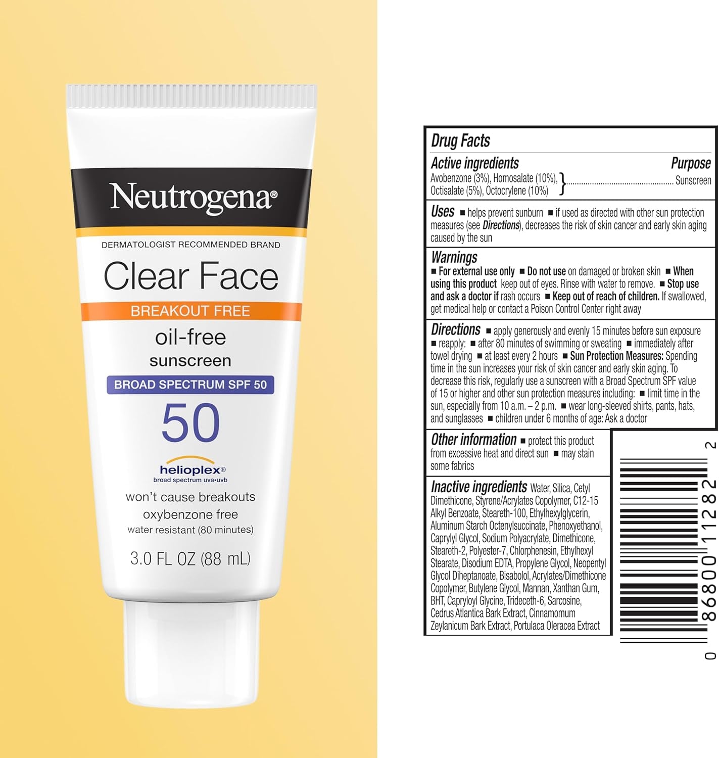 Neutrogena Clear Face Sunscreen Lotion SPF 50 for Acne-Prone Skin Broad Spectrum UVA UVB Protection Oil-Free No-Fragrance No-Oxybenzone Water-Resistant Daily Face Moisturizer, 3 Fl Oz