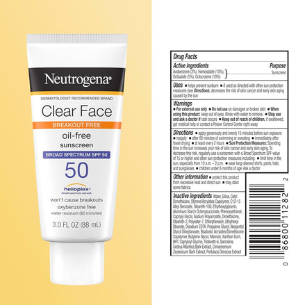 Neutrogena Clear Face Sunscreen Lotion SPF 50 for Acne-Prone Skin Broad Spectrum UVA UVB Protection Oil-Free No-Fragrance No-Oxybenzone Water-Resistant Daily Face Moisturizer, 3 Fl Oz