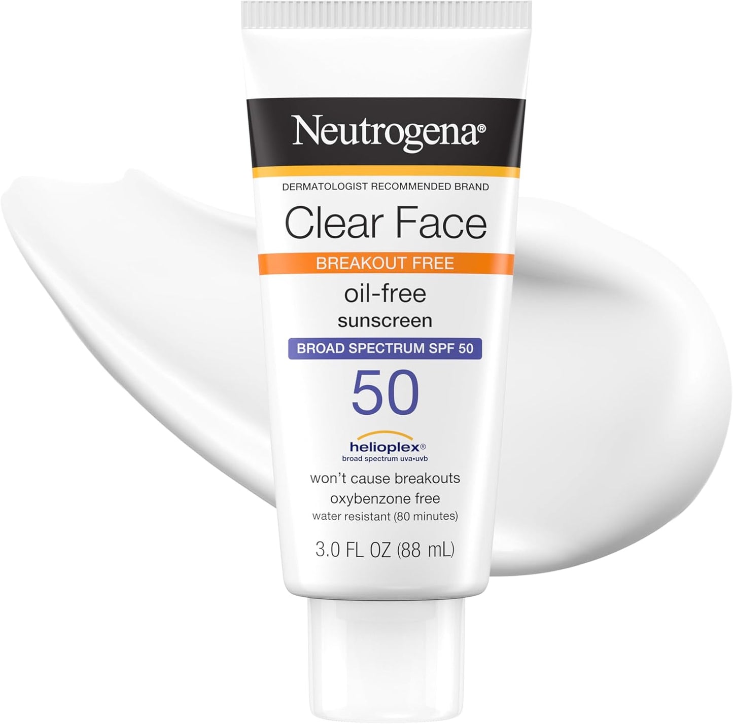 Neutrogena Clear Face Sunscreen Lotion SPF 50 for Acne-Prone Skin Broad Spectrum UVA UVB Protection Oil-Free No-Fragrance No-Oxybenzone Water-Resistant Daily Face Moisturizer, 3 Fl Oz
