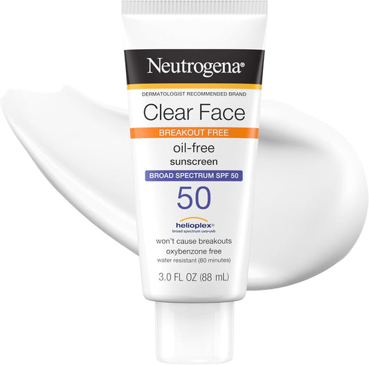 Neutrogena Clear Face Sunscreen Lotion SPF 50 for Acne-Prone Skin Broad Spectrum UVA UVB Protection Oil-Free No-Fragrance No-Oxybenzone Water-Resistant Daily Face Moisturizer, 3 Fl Oz
