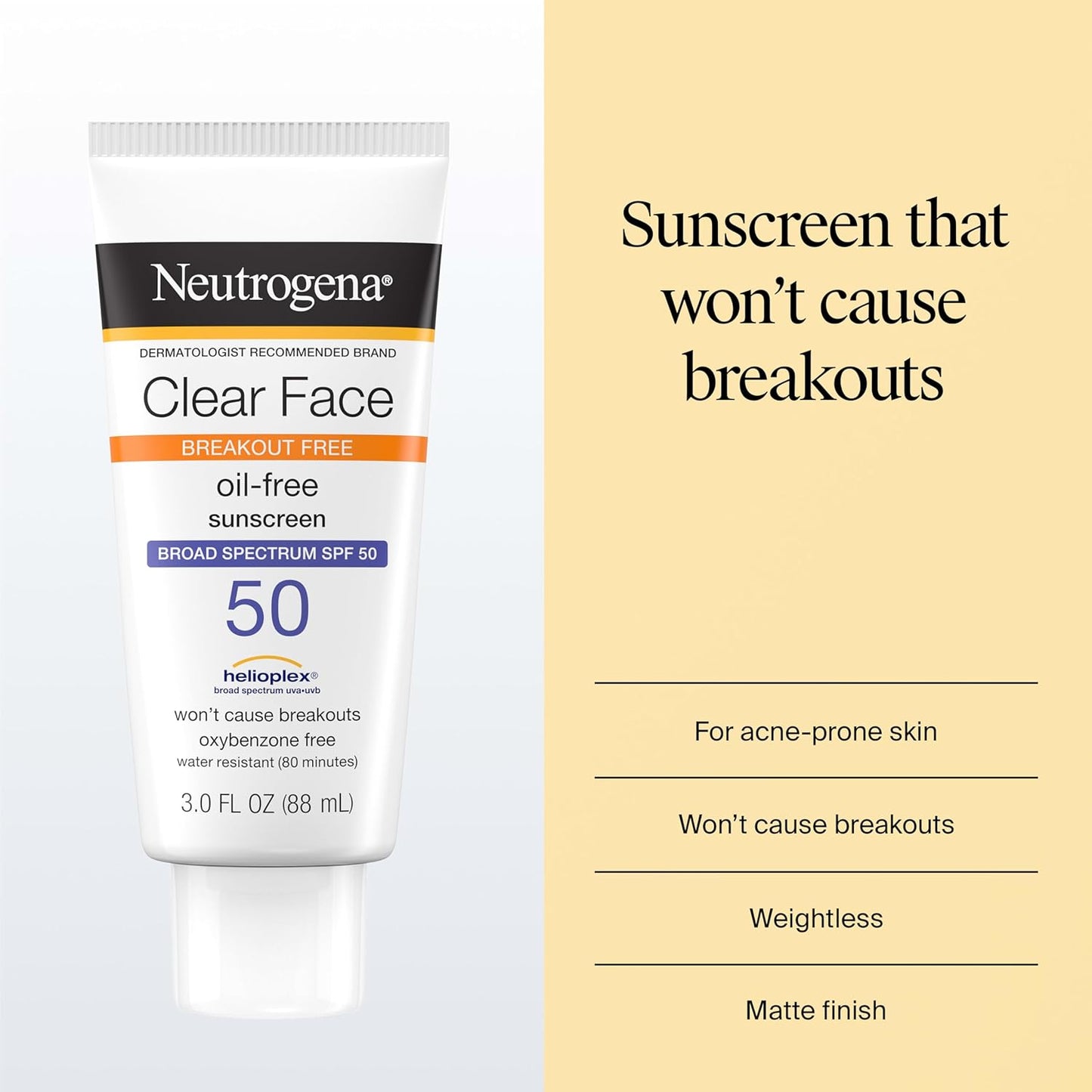 Neutrogena Clear Face Sunscreen Lotion SPF 50 for Acne-Prone Skin Broad Spectrum UVA UVB Protection Oil-Free No-Fragrance No-Oxybenzone Water-Resistant Daily Face Moisturizer, 3 Fl Oz