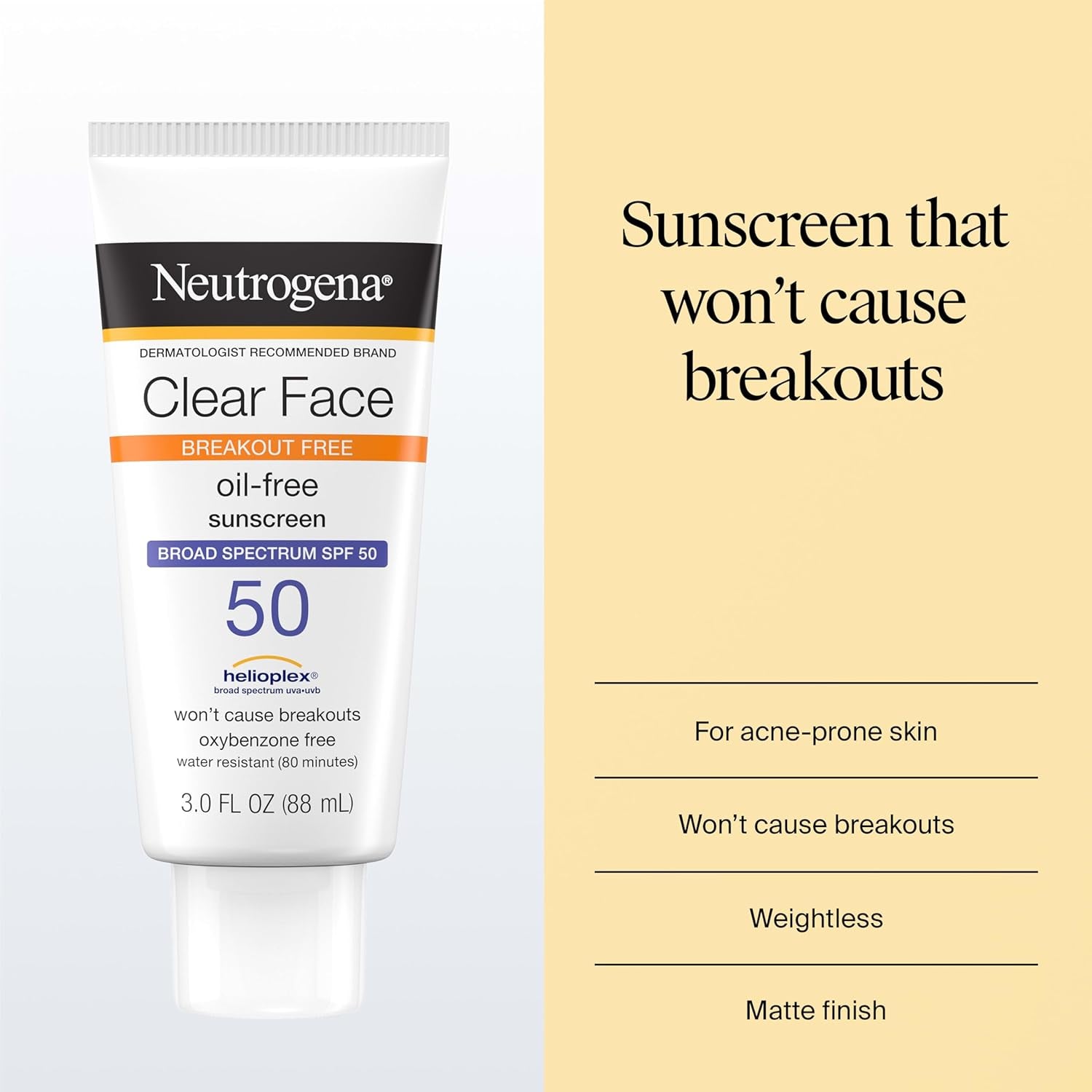 Neutrogena Clear Face Sunscreen Lotion SPF 50 for Acne-Prone Skin Broad Spectrum UVA UVB Protection Oil-Free No-Fragrance No-Oxybenzone Water-Resistant Daily Face Moisturizer, 3 Fl Oz