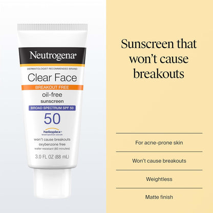 Neutrogena Clear Face Sunscreen Lotion SPF 50 for Acne-Prone Skin Broad Spectrum UVA UVB Protection Oil-Free No-Fragrance No-Oxybenzone Water-Resistant Daily Face Moisturizer, 3 Fl Oz